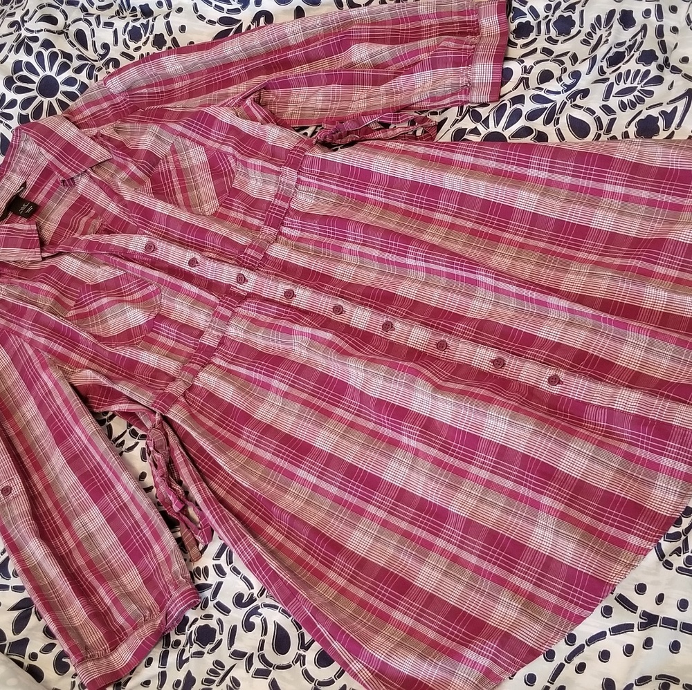 Plaid buttons 3/4 sleeves waist tied dress